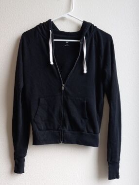 SO Black Zip-Up Hoodie with White Drawstrings